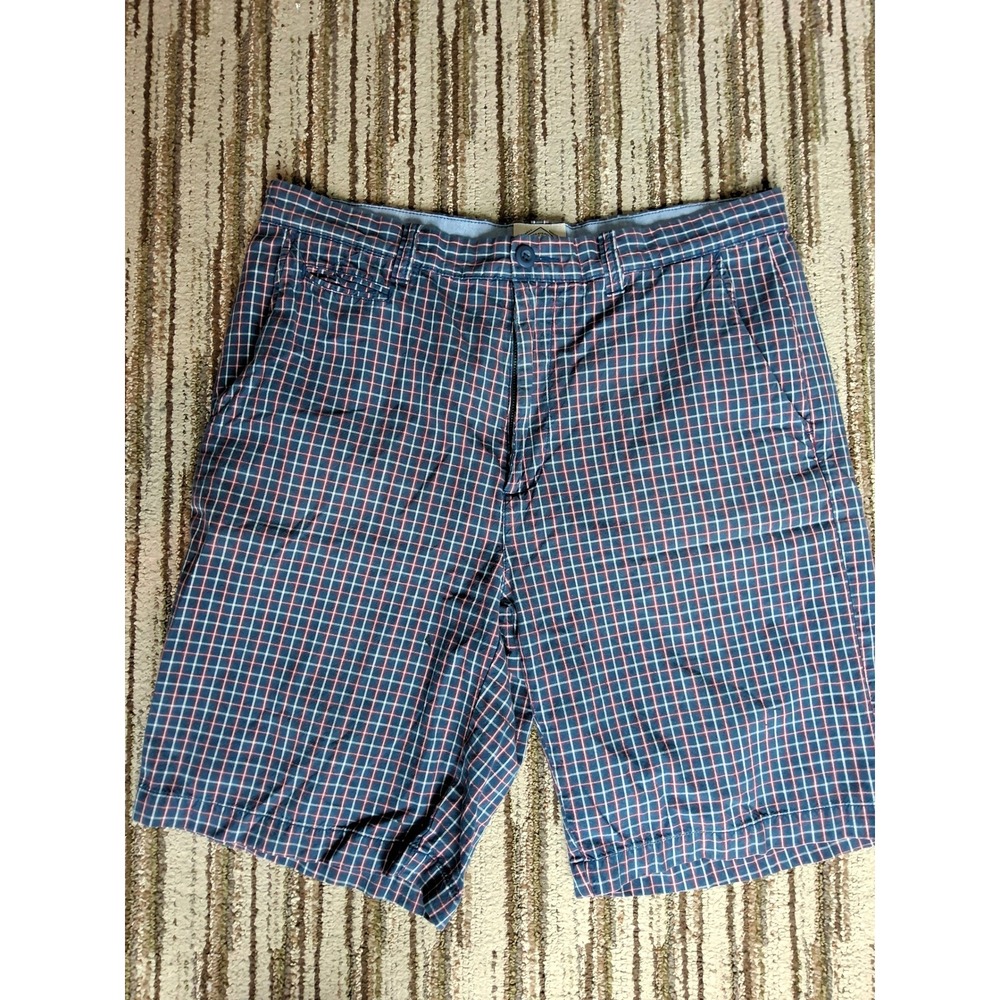 St Johns Bay Mens 34 Blue Red Grid Plaid Flat Front 100% Cotton Casual Shorts